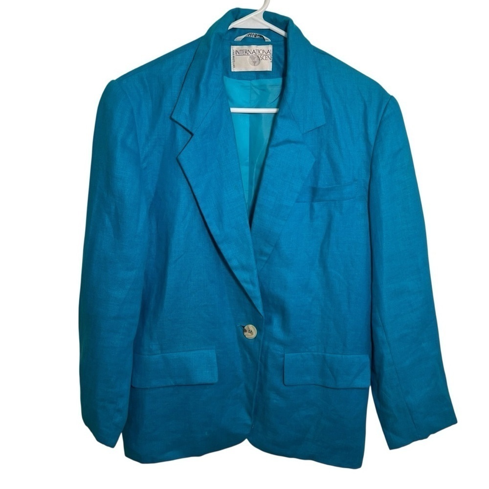 Vintage International Scene Women's Sz 6 One Button Blazer Teal Blue Green Linen